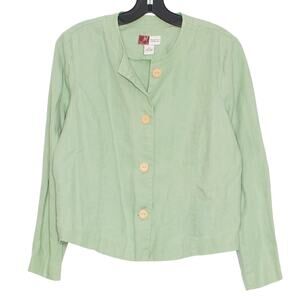 JM Collection Jacket Linen Minimalist Coastal Grandma Boho Button Up Green 8P